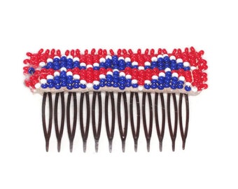 Native American Beaded Hair Comb Red White Blue Beads Vintage Hair Accessory