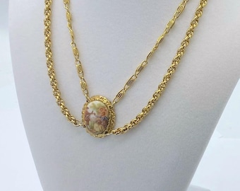 Victorian Revival Cameo Necklace: Fragonard Courting Scene, Two Chains Swag Style