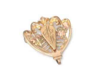 Victorian Gold Filled Watch Pin: Grape Leaves, Monogrammed Signed