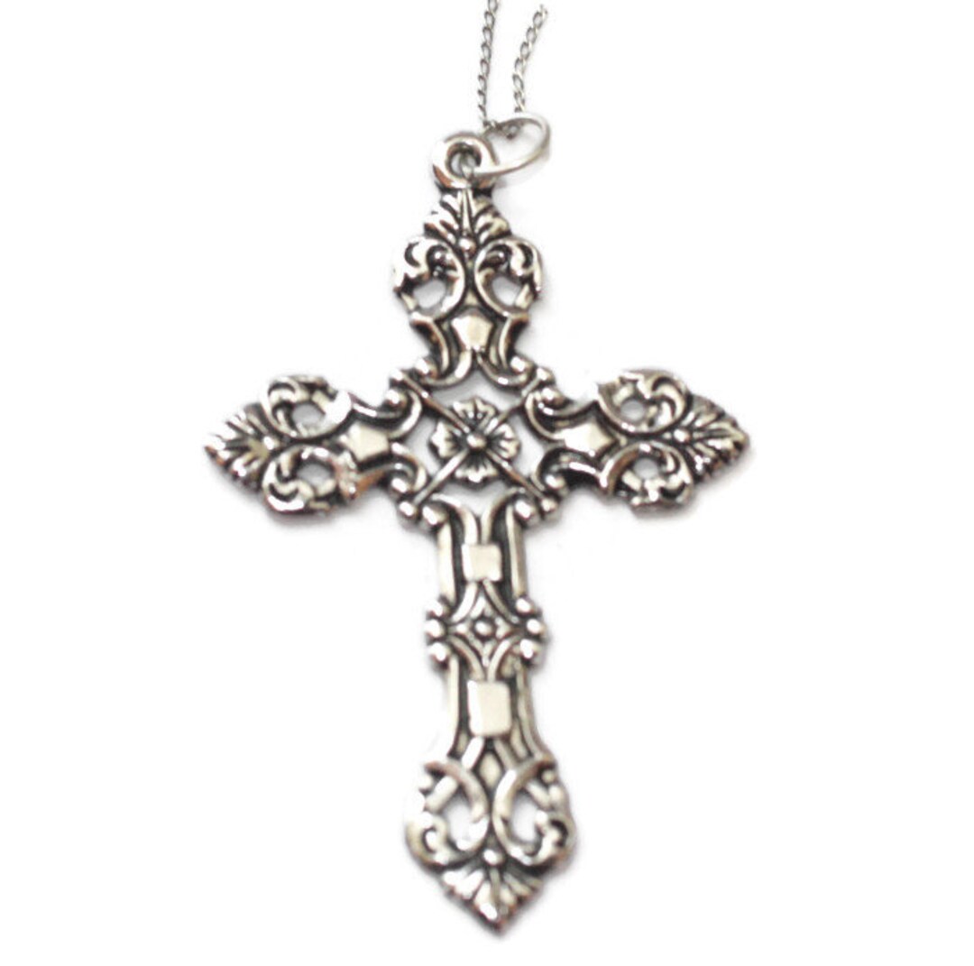 White Gold Filled Cross Pendant Ornate Floral 18 Inch Sterling Etsy