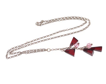 Vintage Sterling Silver Tassel Necklace: Red Lucite & Pink Crystal