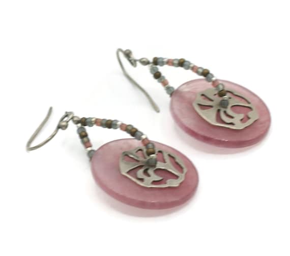 Etched Pink Glass Disc Earrings with Sterling Sil… - image 1