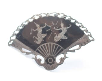 Siam Niello Enamel Fan Shaped Brooch Sterling Silver: Thunder and Lightning Figures