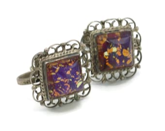 Iridescent Art Glass Sterling Earrings: Old Mexico Silver, Screw Back