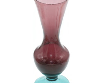 Vintage Two Color Bud Vase: Amethyst Glass, Teal Base 8 Inches Tall
