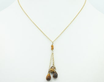 Tiger Eye Tassel Necklace: Gold Filled Chain, Vintage Gemstone Pendant