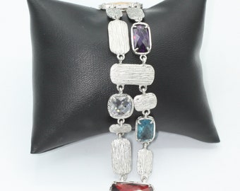 Vintage Multi Color Two Row Crystal Bracelet: Magnetic Clasp, Silver Tone