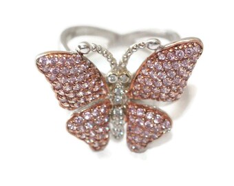 Pink CZ Butterfly Ring Sterling Silver Size 10 1/4 Garden Insect Jewelry Larger Size Statement Ring