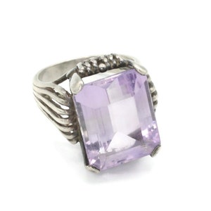 Amethyst and Sterling Ring Emerald Cut Stone Statement Ring Size 6 3/4 US Bold Chunky February Birthstone Vintage Jewelry Gift