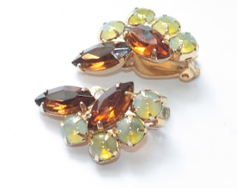 Juliana  D & E Opalescent Yellow and Golden Brown Rhinestone Earrings Clip On Vintage