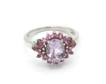 Amethyst and Sterling Halo Ring with Pink Gemstones Size 8 1/2 US