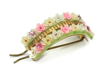 Pastel Flower Plastic Hair Barrette Pink Rhinestones Mid Century Hair Accessory