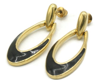 Crown Trifari Black Enameled Gold Tone Earrings Doorknocker Dangle Post Earrings