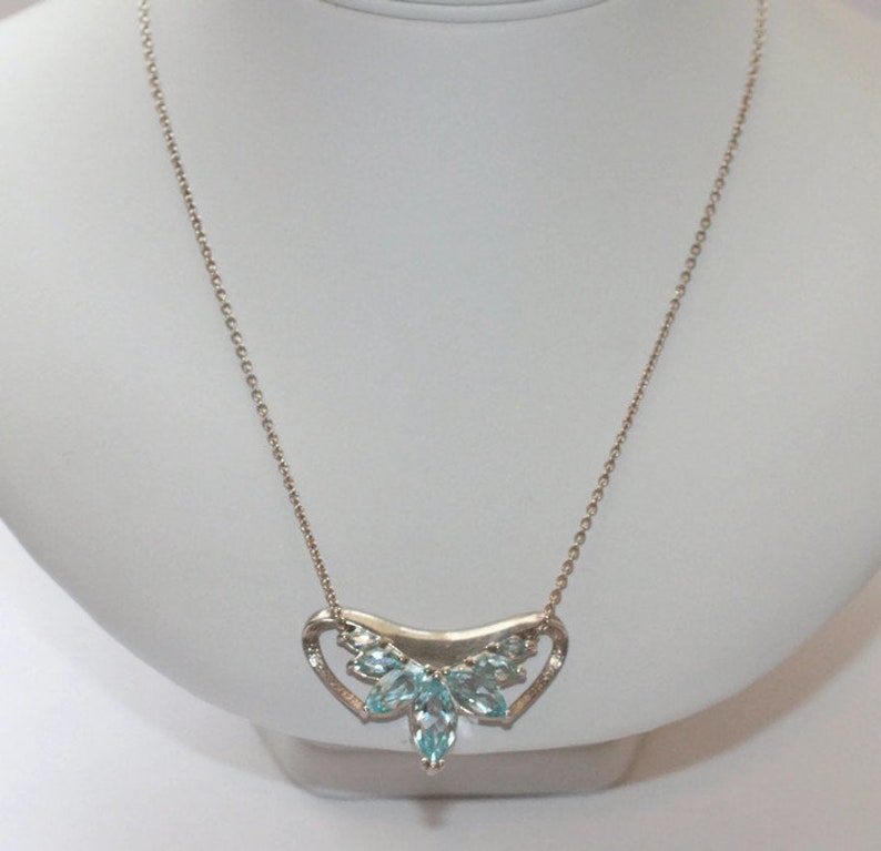 Blue Topaz and Sterling Pendant Necklace Seven Marquise Stones 18 Inch Chain Vintage