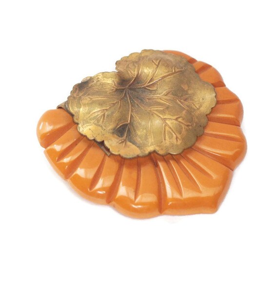 Pumpkin Bakelite Dress Clip Brass Leaf Overlay Art