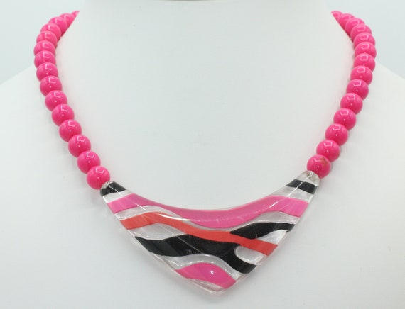 Hot Pink Lucite Necklace Pink Black and Clear Luc… - image 3
