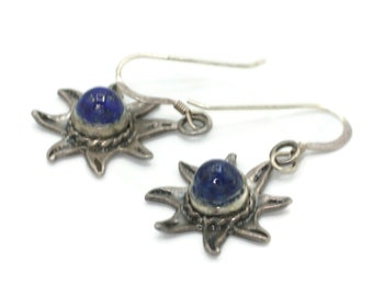 Lapis Lazuli Sterling Silver Drop Earrings Starburst Celestial Ear Wires Pierced Ears