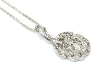 Vintage Sterling Marcasite Pendant Necklace: Floral Design, Smaller Size