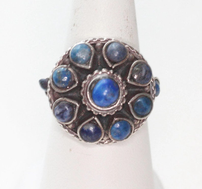 Lapis Lazuli and Sterling Silver Zuni Style Ring Size 7 Vintage Southwestern Cluster Statement Ring