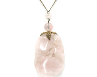 Carved Rose Quartz Pendant Fish Fruit 32 Inch Chain Chinese Export 1920s 1930s