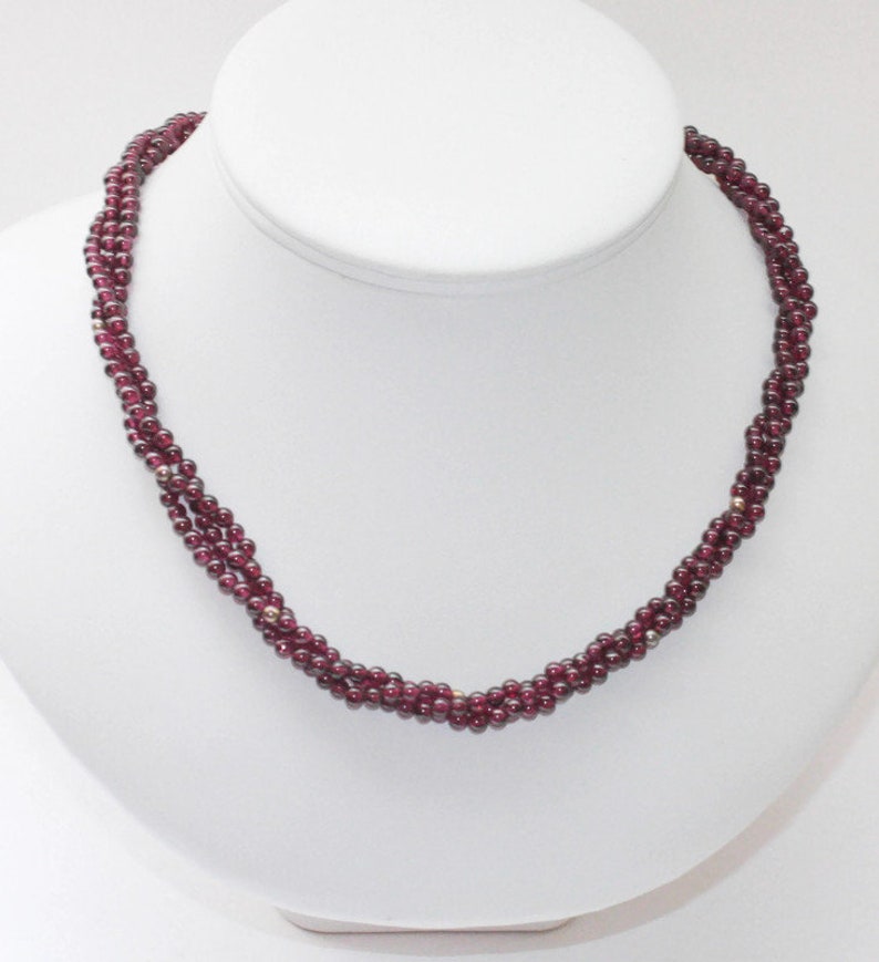 Three Strand Garnet Bead Necklace Gold Over Sterling Clasp Torsade Style Vintage