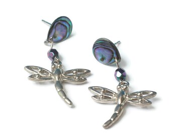 Vintage Dragonfly Earrings Abalone Shell Dangle Silver Tone Posts Insect Jewelry