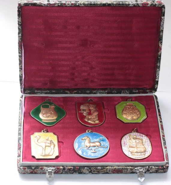 Set of Six Enameled Chinese Pendants Medallions Ca