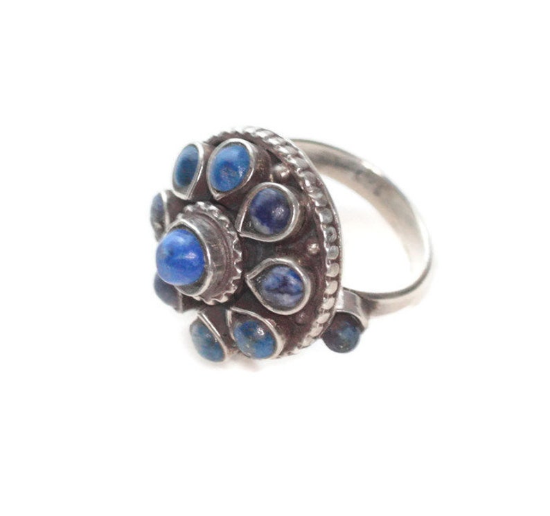 Lapis Lazuli and Sterling Silver Zuni Style Ring Size 7 Vintage Southwestern Cluster Statement Ring