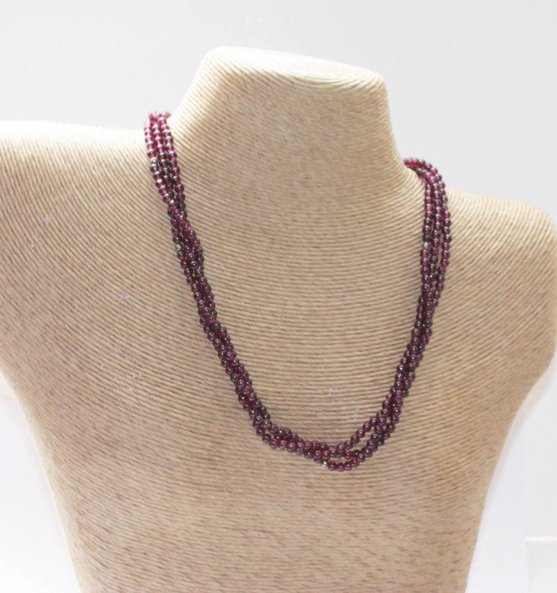 Three Strand Garnet Bead Necklace Gold Over Sterling Clasp Torsade Style Vintage