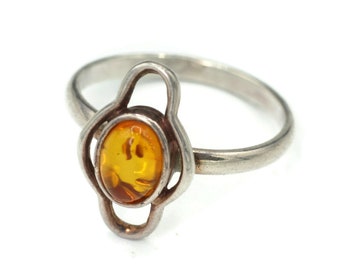 Baltic Amber Sterling Silver Ring Modernist Setting Elongated Open Face Size 6 1/2 US