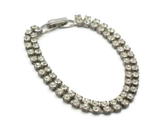 Two Row Clear Rhinestone Bracelet Vintage Wedding Prom Bling Glitz