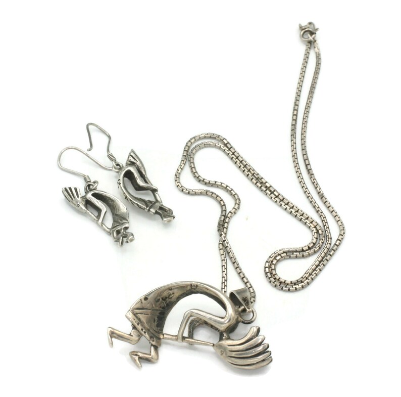 Sterling Silver Kokopelli Set Necklace Dangle Earrings 36 Gm Vintage Native American Set
