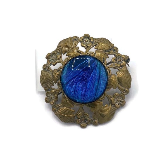 Morpho Butterfly Wing Brooch Brass Floral Setting Vintage Insect