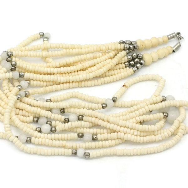 Five Strand Carved Ox Bone Bead Necklace Quartz Beads Tribal Bohemian Vintage Necklace