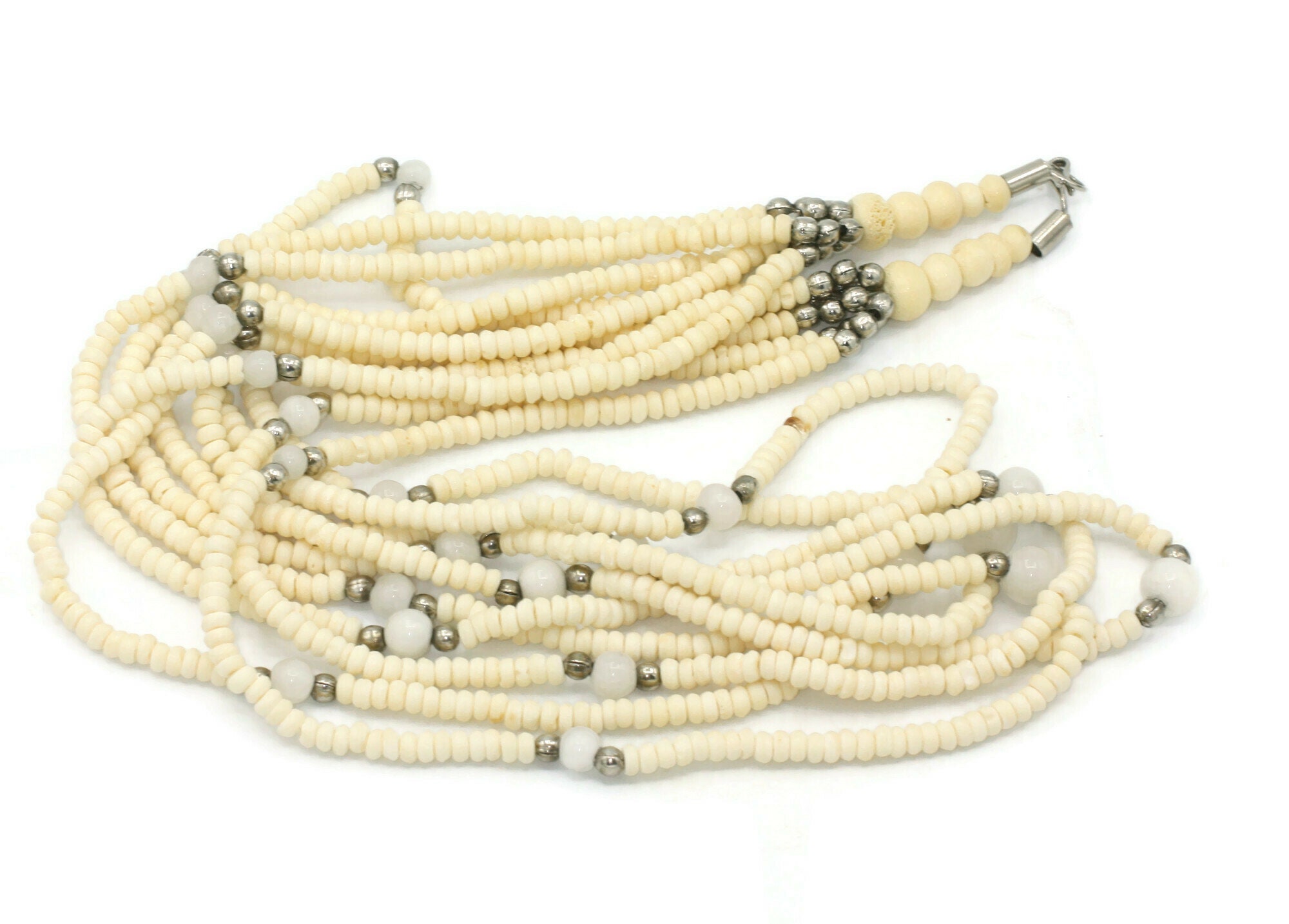 Five Strand Carved Ox Bone Bead Necklace Quartz Beads Tribal Five Strand Carved Ox Bone Bead Necklace Quartz Beads Tribal