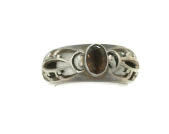 Smoky Quartz Sterling Silver Ring Filigree Cut Work Size 6 1/2 to 7