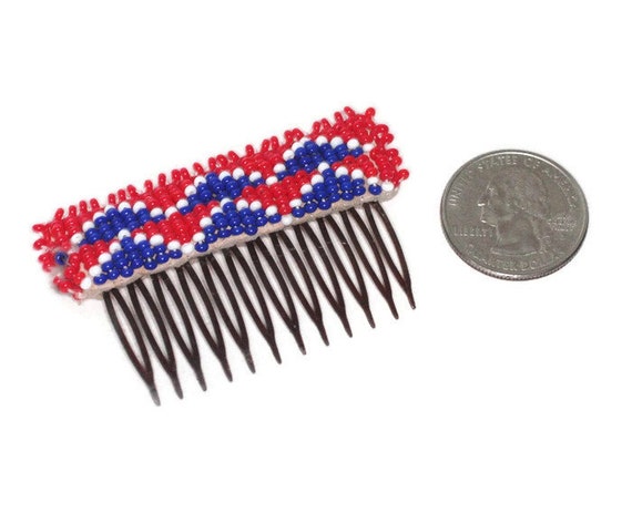 Native American Beaded Hair Comb Red White Blue B… - image 4