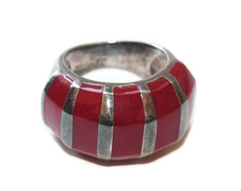 Sterling Silver Red Insets Ring Bold Chunky Size 8 Thai Vintage Unisex