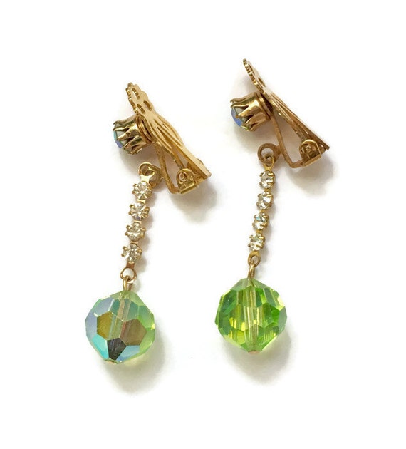 Green Aurora Borealis Crystal Dangle Earrings Cle… - image 5