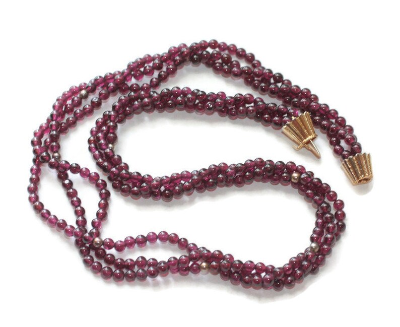 Three Strand Garnet Bead Necklace Gold Over Sterling Clasp Torsade Style Vintage