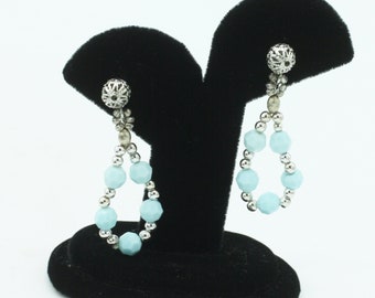 Vintage Pale Blue Bead Clip On Earrings: Silver Tone Dangle Jewelry