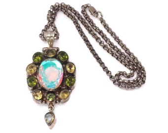 Multi Gemstones and Rainbow Glass Pendant Necklace: Sterling Setting, Rolo Chain Vintage