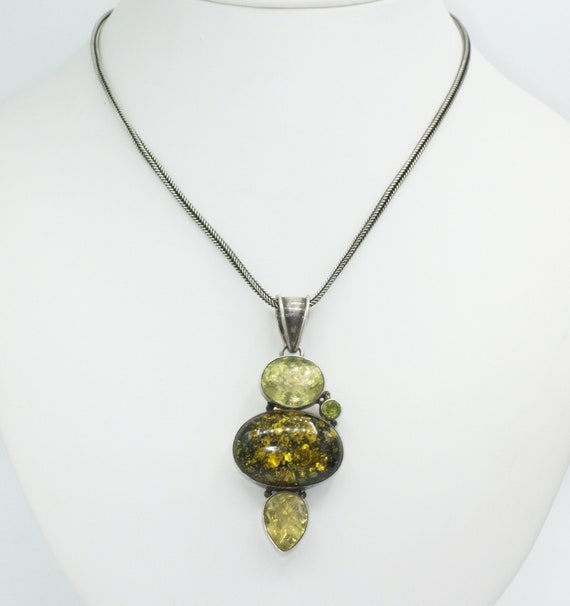 Green Gemstone Pendant Necklace Art Glass Sterlin… - image 4