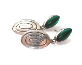 Green Satin Glass Sterling Earrings Swirled Dangles Posts Pierced Ears