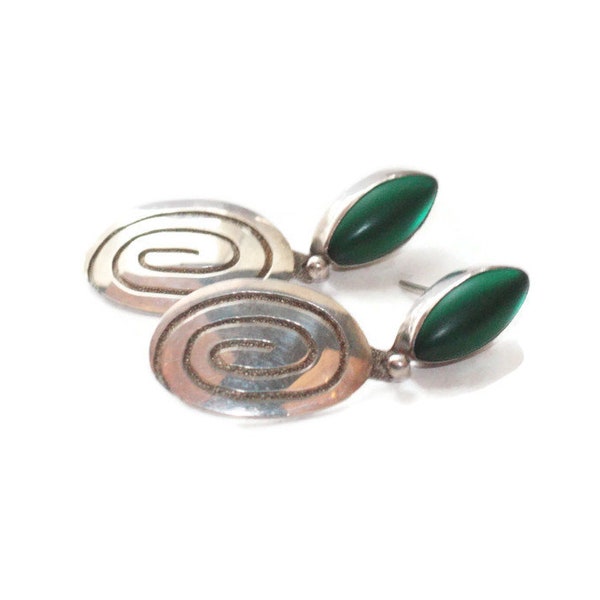 Green Satin Glass Sterling Earrings Swirled Dangles Posts Pierced Ears