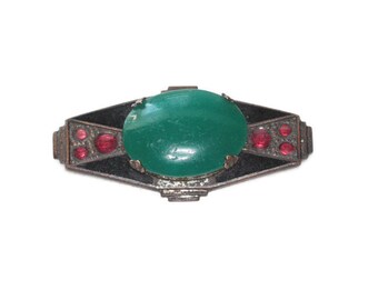 Art Deco Green Cabochon Pin Brooch Black Enamel Red Accents True Vintage