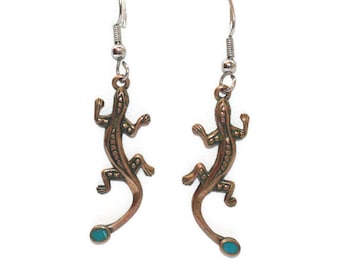 Gold Tone Gecko Earrings with Simulated Turquoise Southwestern Style Ear Wires Vintage