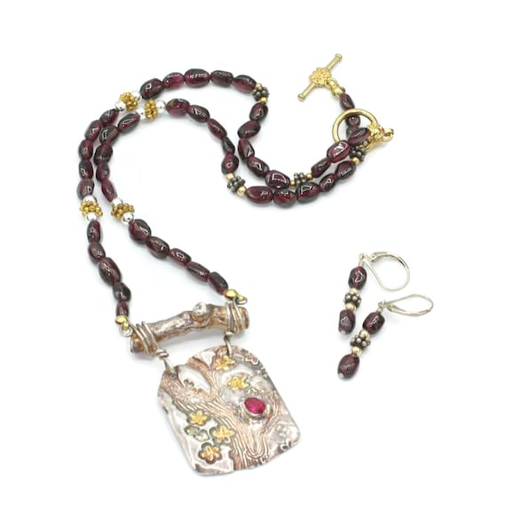 Fine Silver PMC Pendant Necklace & Earrings: Garnet, Ruby, Organic Design