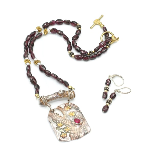 Fine Silver PMC Pendant Necklace and Earrings Garnet Beads Ruby Accent Artisan Made Organic Design