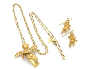 Kirks Folly Angel Cherub Set Necklace with Dangle Earrings Gold Tone 33 Inch Chain